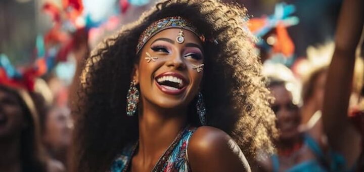 Mulher feliz enquanto curte o carnaval.